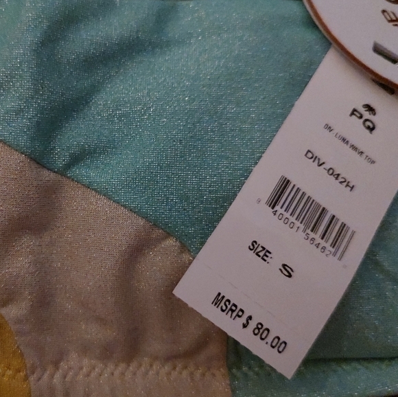 PQ Swim Bandeau Bikini Top in a Shimmery Yellow, Cre am & Turquoise Sz. - Picture 4 of 4